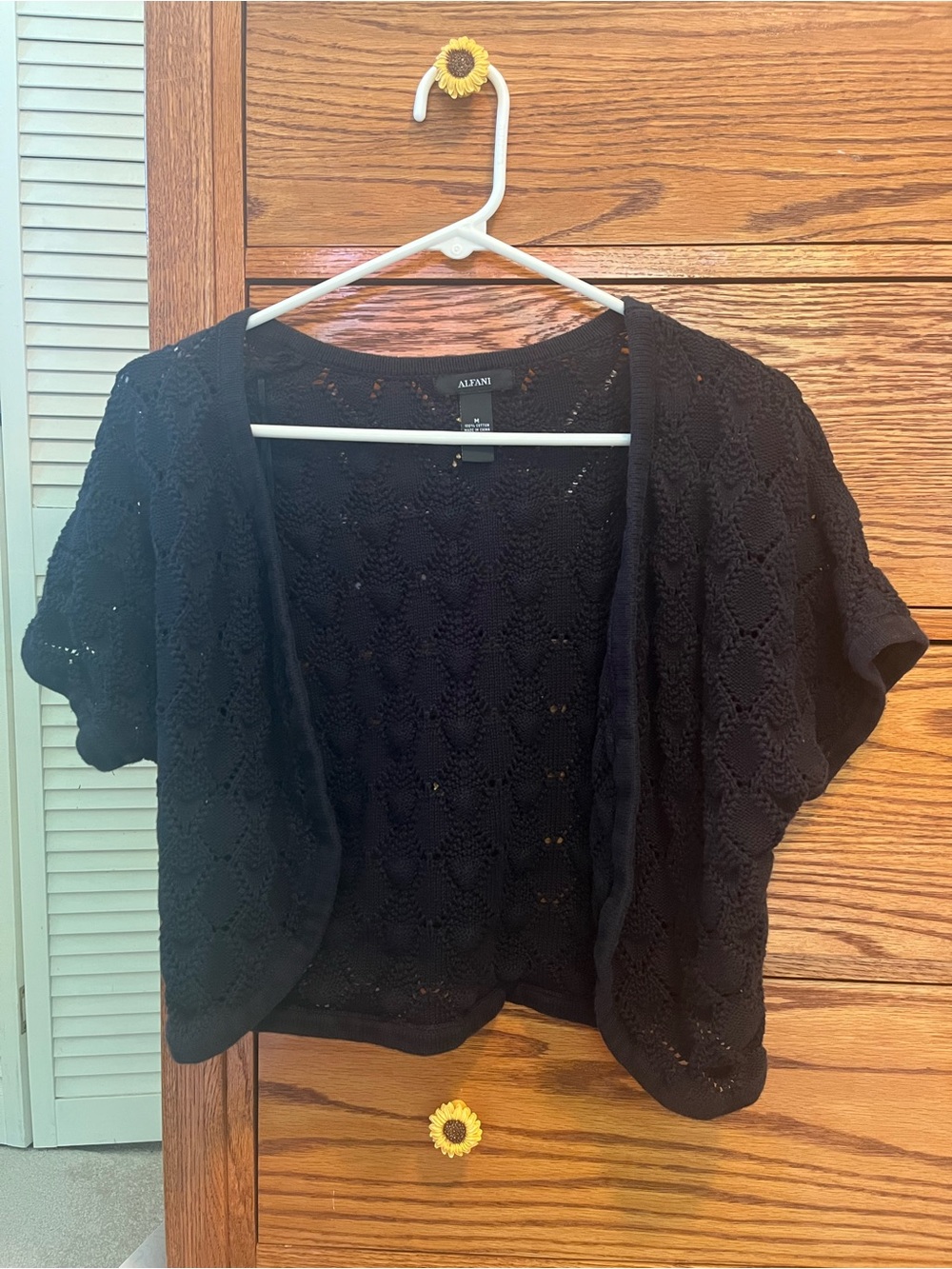 Alfani Black Open-Knit Short Sleeve Shrug